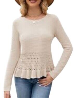 Gleeneat Women's Sz M Ivory Knit Thermal Top Peplum Bottom Boho Fall Wear
